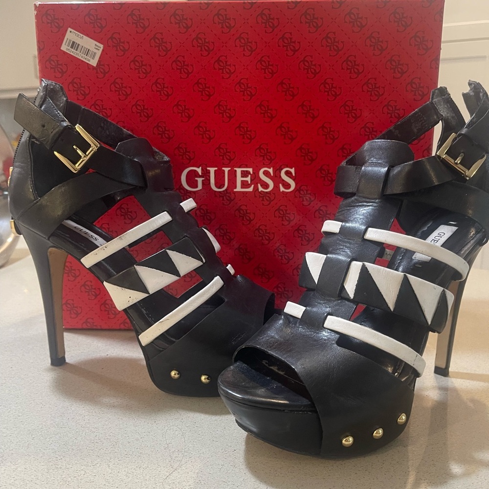 Guess Black and White Strappy Heels